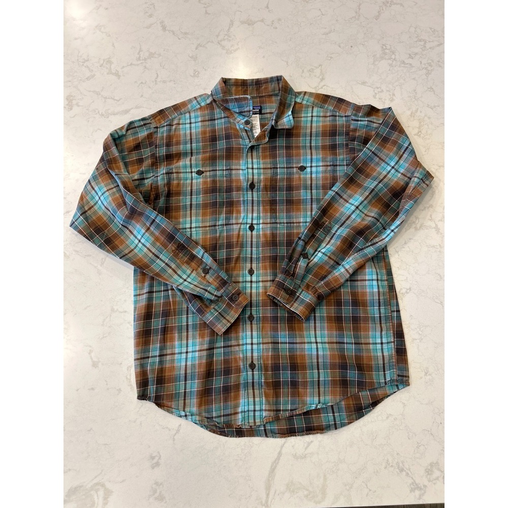 Patagonia Men's Organic Cotton Plaid Flannel Shirt Brown Turquoise Gorpcore M - Picture 5 of 10